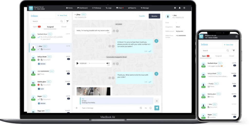 User interacting with a business communication app on desktop and mobile